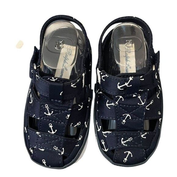 Baby Size 4 Soft Sole Navy Blue Crib Shoes Anchor Print Sandals New In Gift Box - Picture 2 of 6